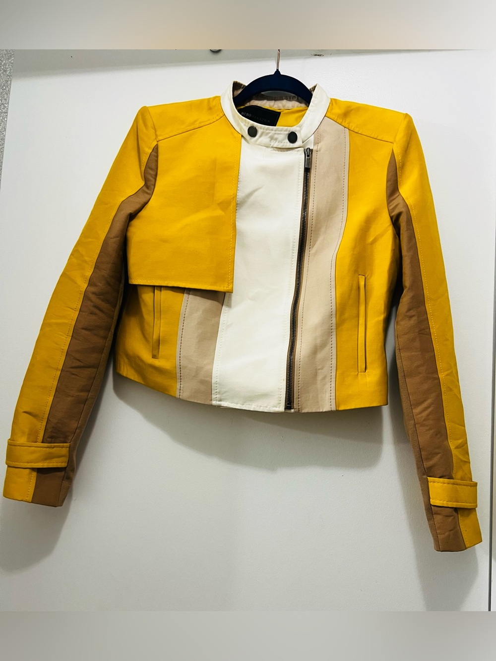 BCBGMaxAzria Yellow, Cream & Tan Colorblock Moto Jacket